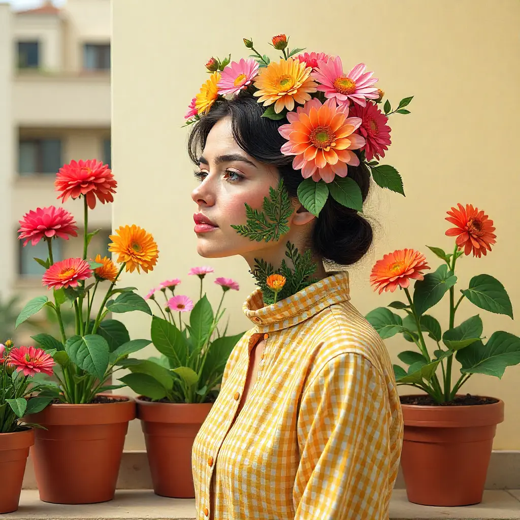 Lush urban terrace garden with colorful flowering plants in terracotta pots
