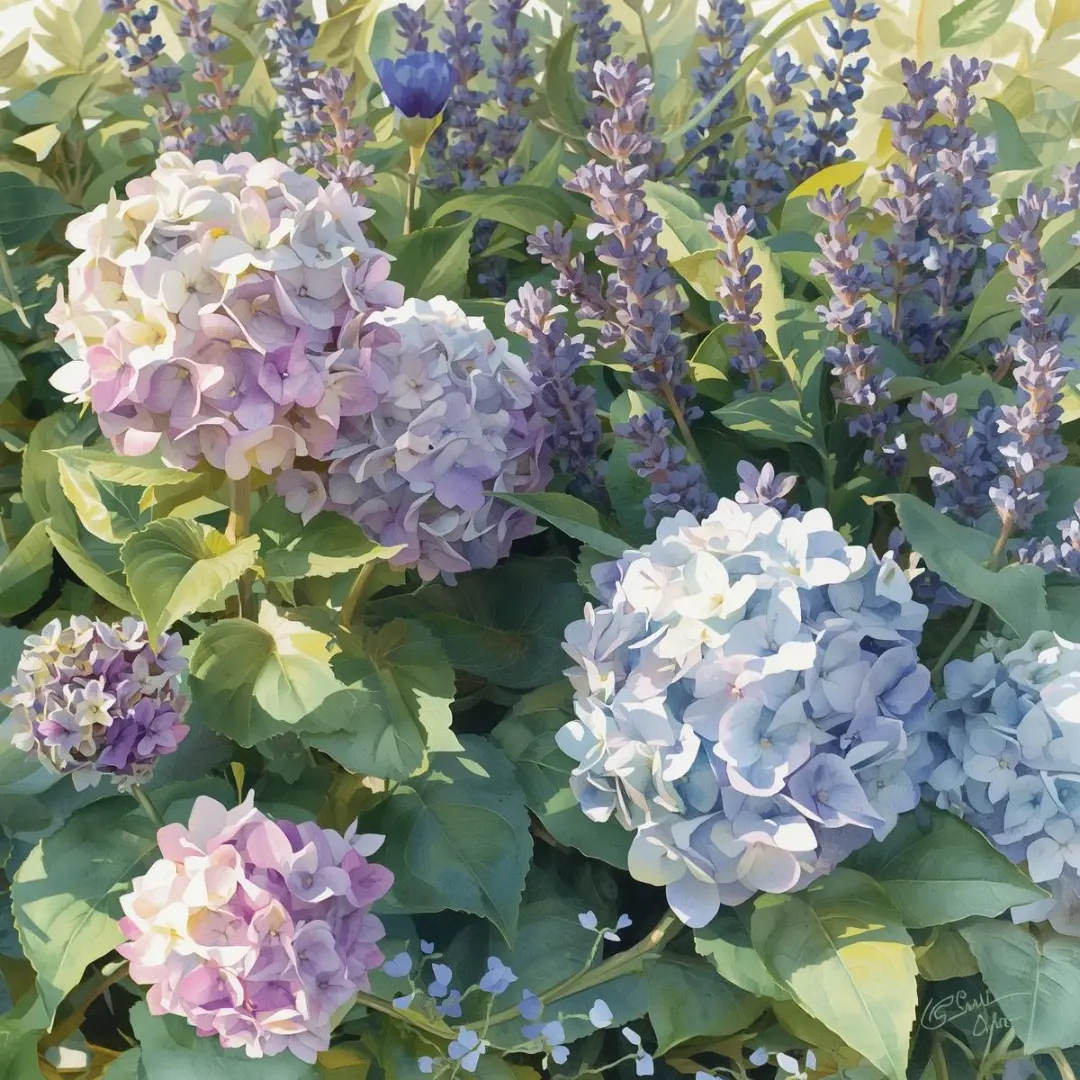 Beautifully arranged flower bed with hydrangeas and lavender