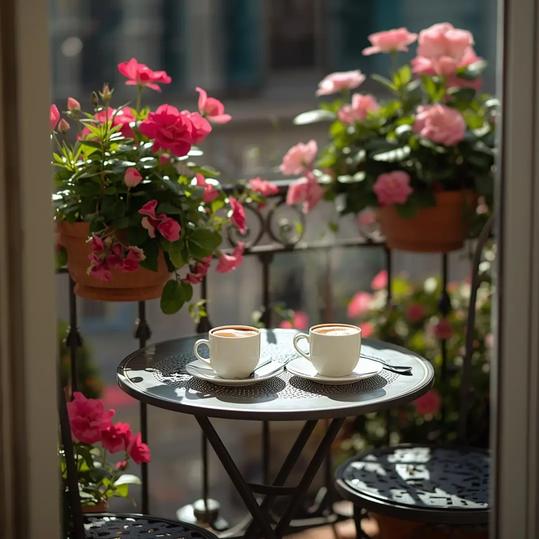 Cozy bistro table set on a balcony surrounded by flowering plants